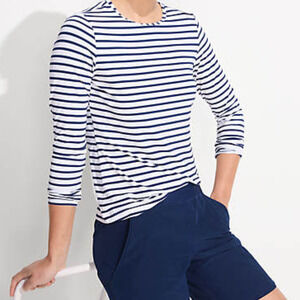 Women's Rash Guard Swim Tee Long Sleeve Crewneck White Navy Stripe Lands’ End L